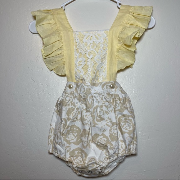 Stella Phoenix The Tigerlily 4T yellow / Tan Roses Lace Ruffle Romper NWT - Picture 1 of 10